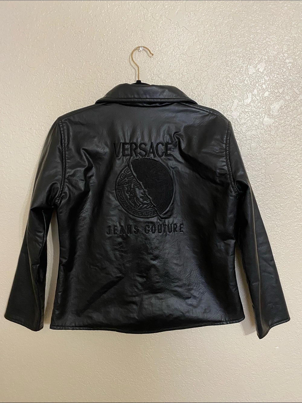 Versace Black Leather Jacket with Embroidered Logo - Picture 2 of 8
